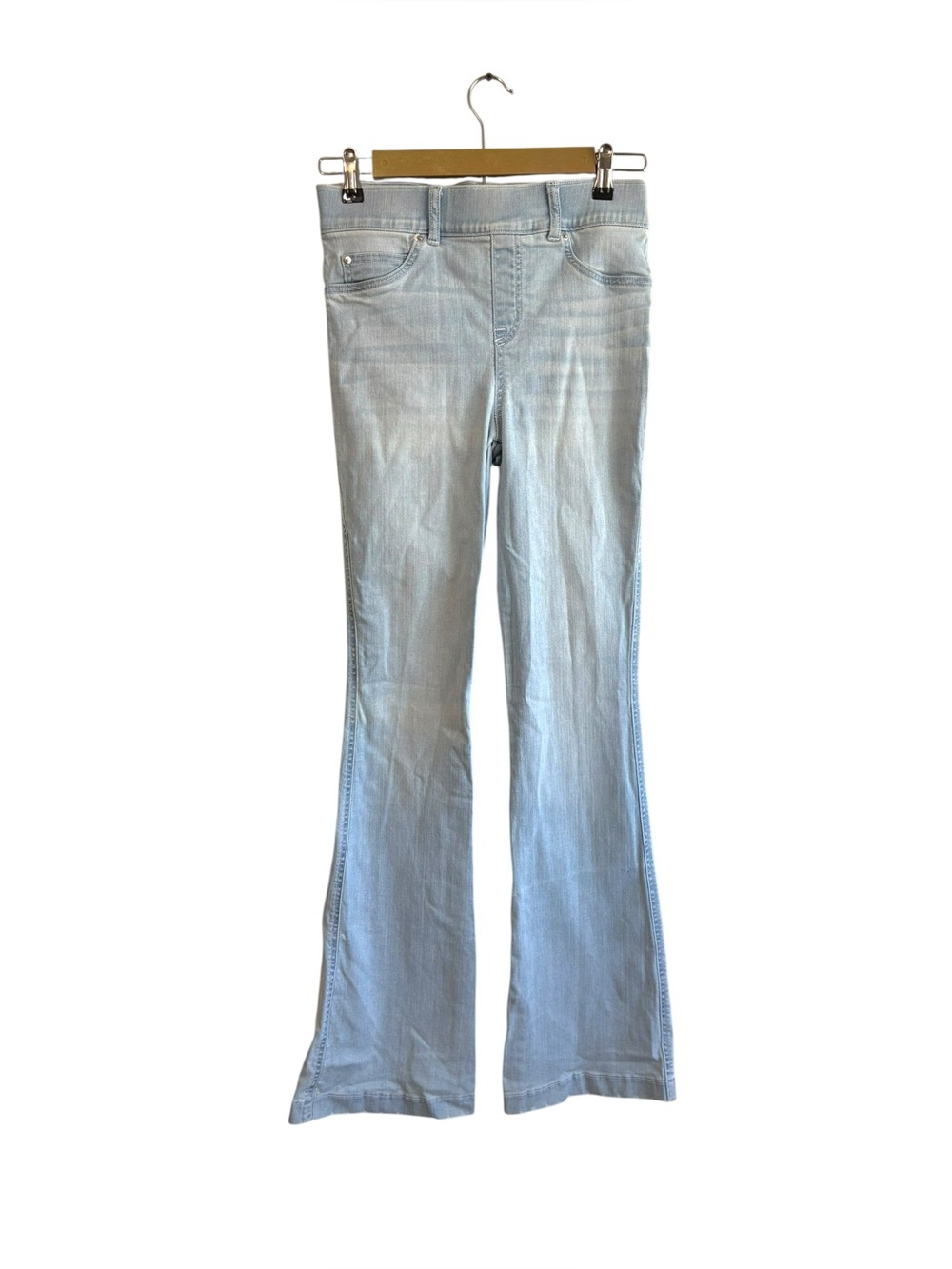 SPANX Size Small Light Wash Flare Leg Pull On Jeans Minimalist Comfort Denim